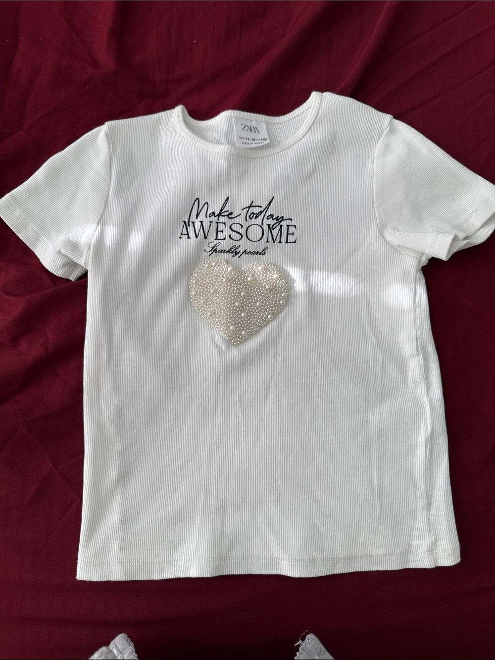 Zara White Short Sleeve Tee with Pearl Heart and Script
